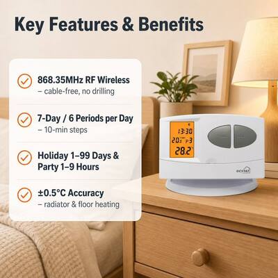 OFF System Operation Mode Wireless Boiler RF Programmable Thermostat 130 X 80 X 35 Mm Compact Size Ideal for Commercial HVAC Control Solutions