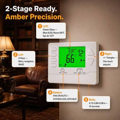 RH Terminal Designations Electronic Room 7 Day HVAC Thermostat with 138mm W*98mm H*29mm D Physical Dimensions