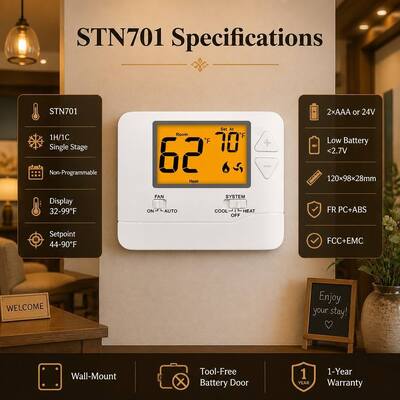 24V LCD Display Wired electronic HVAC Non-programmable Electronic Room Thermostats Mounts On Wall Or Junction Box Temperature Controllers For Energy Saving