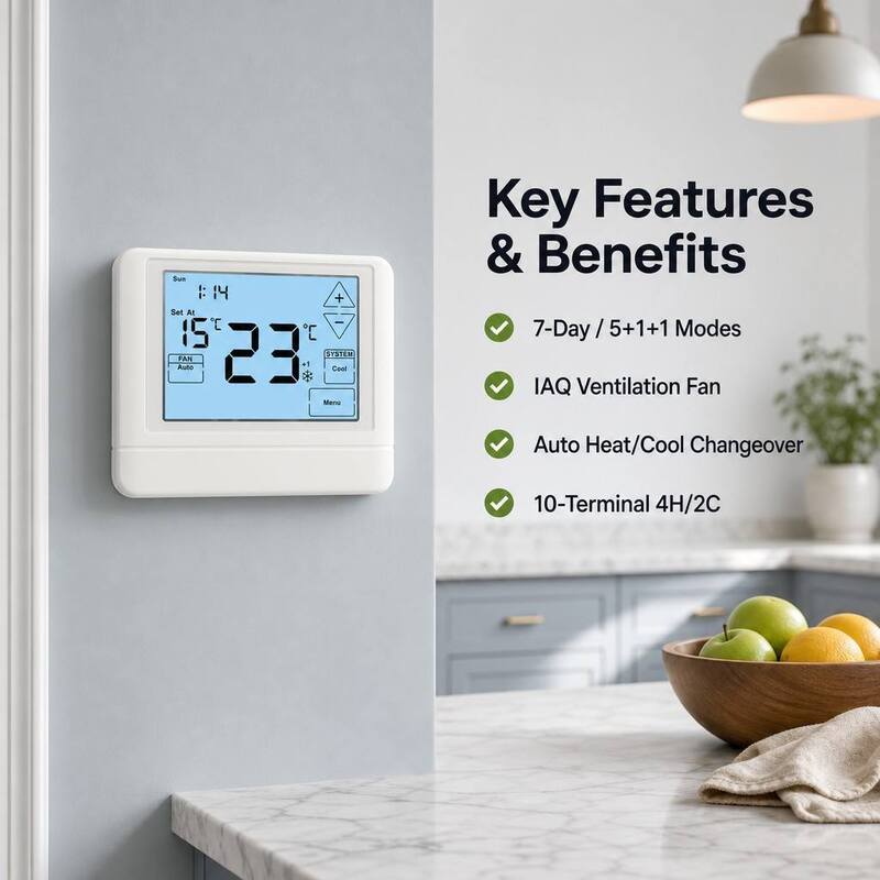 24V or Battery-operated Heat Pump 7 Day 2 Heat 2 Cool Touch Screen LCD Thermostat for Hotel and Apartment HVAC System