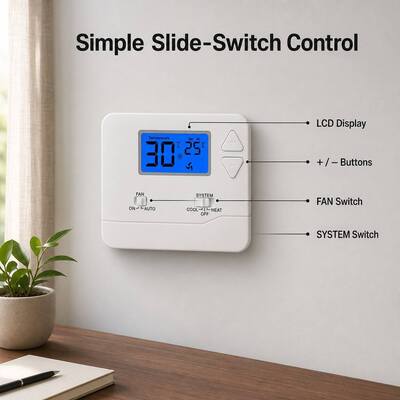 Комнатный термостат Riseem ABS с корпусом из ABS-пластика, точностью ±1°C и режимом ручного/автоматического управления