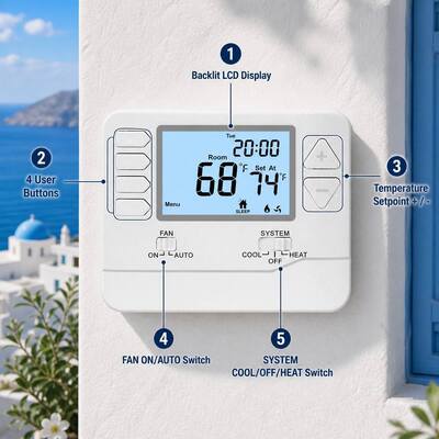 24V большой ЖК-дисплей HVAC термостат проводной термостат 7 дней 2 нагрева 2 охлаждения питание от батареи